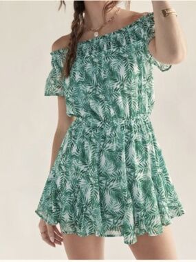 Blue Rain | Off Shoulder Green Palm Print on White Romper- Size L